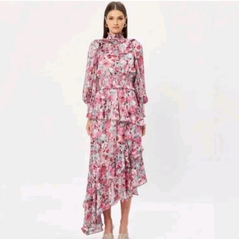 NWOT Anthropologie Elliatt Dorian Asymmetrical Floral Dress in Pink and Red